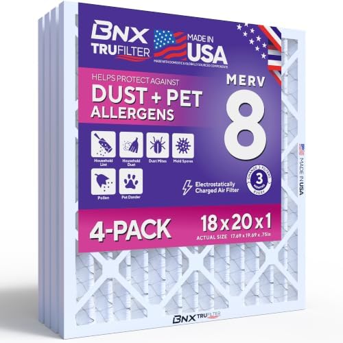 BNX TruFilter 18x20x1 Air Filter MERV 8 (4-Pack) - MADE IN USA – Dust & Pet Defense Electrostatic Pleated Air Conditioner HVAC AC Furnace Filters for Dust, Pet, Mold, Pollen MPR 600 – 700 & FPR 5 by BNX