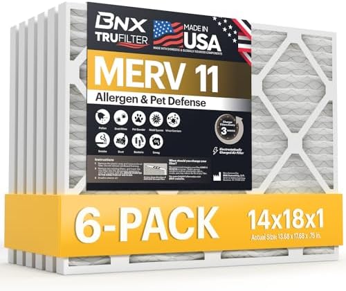 BNX TruFilter 14x18x1 Air Filter MERV 11 (6-Pack) - MADE IN USA - Allergen Defense Electrostatic Pleated Air Conditioner HVAC AC Furnace Filters for Allergies, Dust, Pet, Smoke, Allergy MPR 1200 FPR 7 by BNX