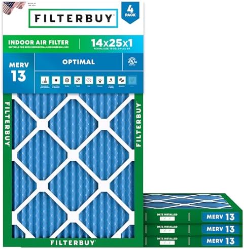 Filterbuy 14x25x1 Air Filter MERV 13 Smoke & Allergy Defense (4-Pack) by Filterbuy