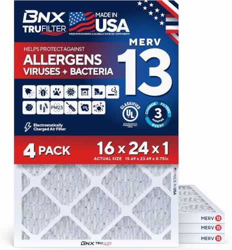 BNX TruFilter 16x24x1 Air Filter MERV 13 AC Filter, HVAC Furnace Filter, 4 Pack (ACTUAL SIZE 15.69"x23.69"x0.75") Allergies, Dust, Pet Dander & Smoke - MADE IN USA - MPR1500 / FPR 10 by BNX