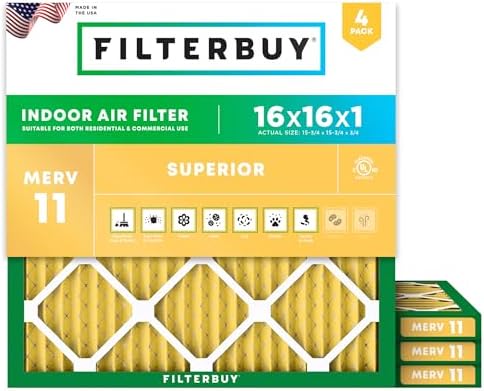 Filterbuy 16x16x1 Air Filter MERV 11 Pet & Allergy Defense (4-Pack) by Filterbuy