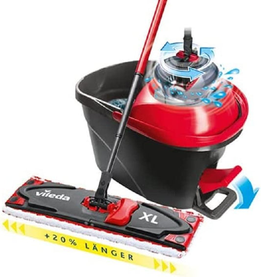 Vileda Ultramax Turbo XL Set, XL Floor Mop with Telescopic Handle for Large Surfaces, Microfibre Mop Cover, Bucket with Spinner, for All Hard Floors, Love It Clean, Eco Packaging