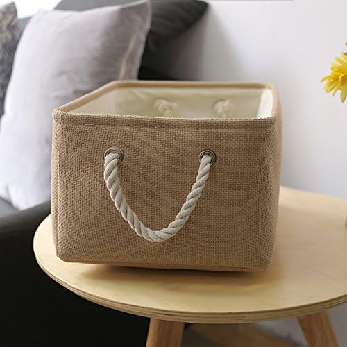 TheWarmHome Decorative Basket Rectangular Small Storage Basket Fabric Storage Bin Organizer Basket with Handles for Clothes Storage (Beige, 11.8L??7.9W??5.2H inch)