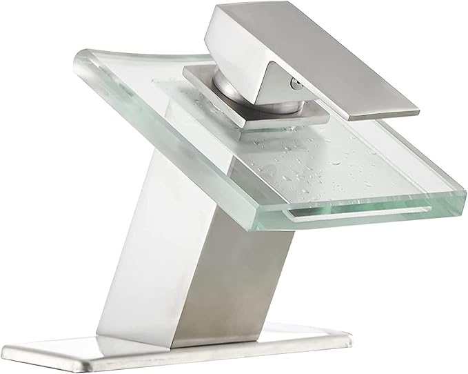 BWE Waterfall Bathroom Faucet Brushed Nickel Glass Spout Vanity Faucets for Bathroom Sink 1 Hole Single Handle Modern Lavatory Bath Mixer Tap with Faucet Supply Hose