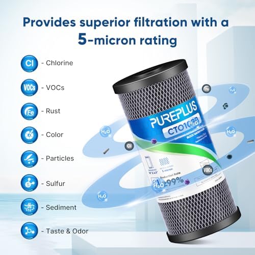 PUREPLUS 10"x4.5" Whole House Water Filter, Carbon & KDF, 5 Micron, 3 Pack - Image 7