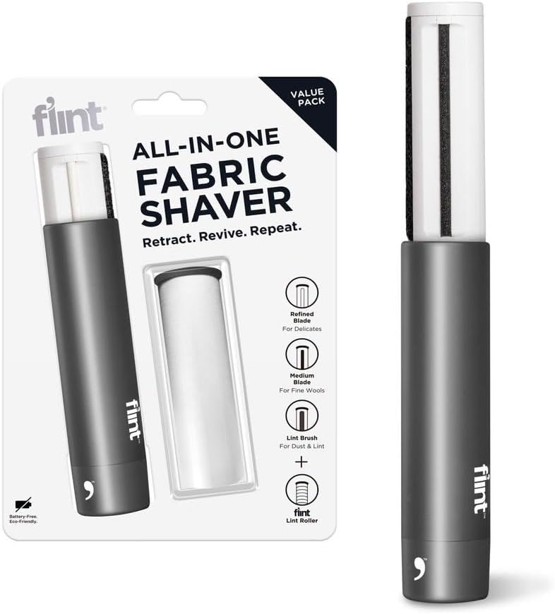Flint All-in-One Fabric Shaver, Compact, Retractable & Travel-Friendly Fuzz Remover with 2 Fabric-Safe Care Surfaces, Lint Brush & Lint Roller, Ultimate Depiller for Clothes, Eco-Friendly by Flint