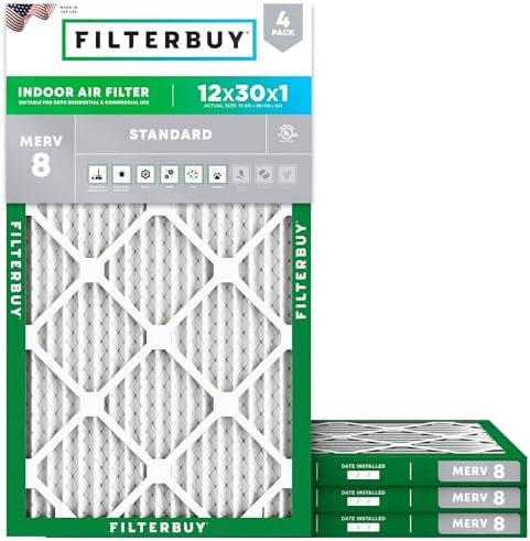 Filterbuy 12x30x1 Air Filter MERV 8 Dust & Allergy Defense (4-Pack) by Filterbuy