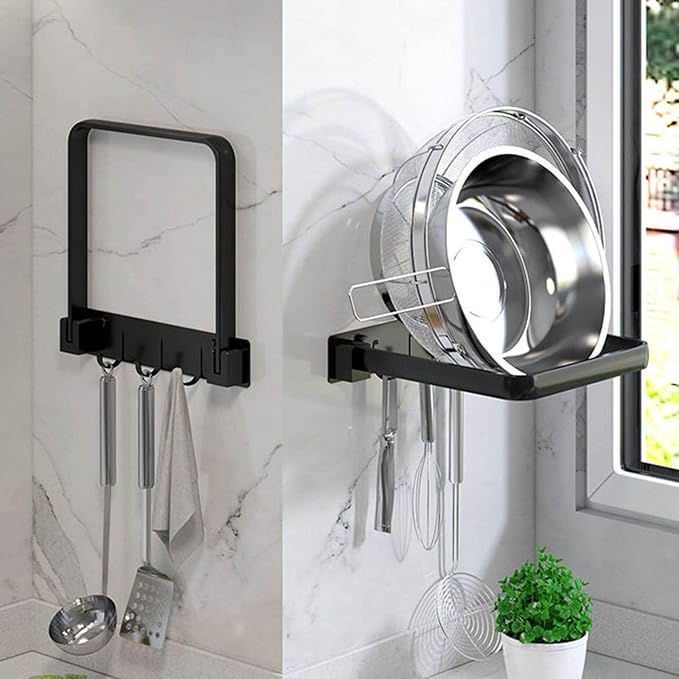Wall Mounted Washbasin Storage Racks Foldable Bath Brush Hanging Holder with 3 Hooks for Kitchen Cleaning Tools Bath Supplies(Black) (Black)