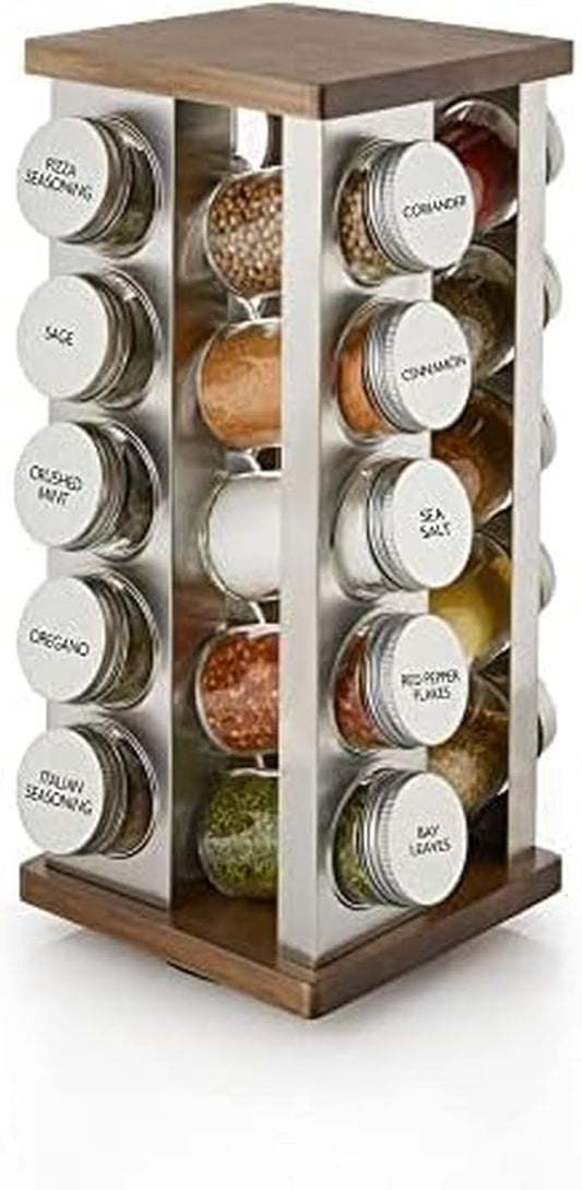 Kamenstein 20-Jar Vintage Revolving Spice Rack Organizer with Spices Included, 5 Years of Spice Refills, Rotating Wood and Stainless Steel Storage, Culinary Gift for Home Chefs