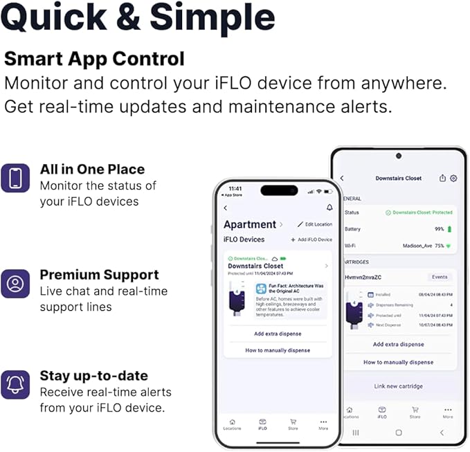 iFLO® Smart A/C Drain Line and Drain Pan Cleaner for HVAC System, Clog-Free, Easy Installation & App-Controlled Air Conditioner Maintenance, Includes 36oz Cleaner Cartridge, 3 Month Supply (Pack of 2)