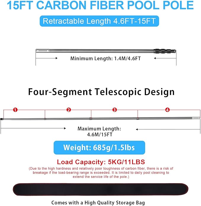 Carbon Fiber Pool Pole, Professional Ultralight Pool Poles 4.6 to 15 FT, Telescoping Lightweight Pool Cleaning Pole, Heavy Duty Pool Pole for Skimmer Net, Brush, Vacuum Head 15FT