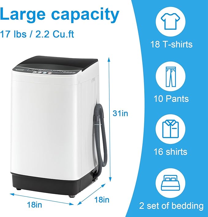 2.2 Cu.Ft Portable Washing Machine, Full-Automatic Electric Laundry Machine with 10 Programs, Compact Clothes Wash and Spin Combo with Stainless Steel Drum, Drain Hose for Apartment, Dorm,Home