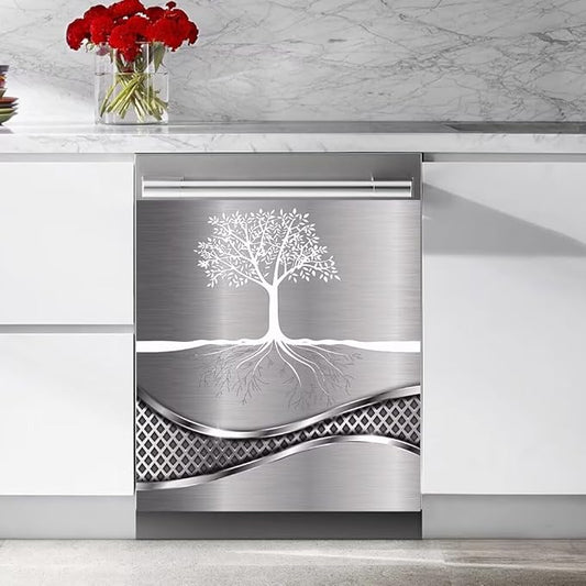 Stainless Steel Design Tree Painting Magnet Dishwasher Cover Sticker,Kitchen Decor Refrigerator Magnets Decorative Fridge Magnetic Decal Vinyl Panel 23Wx26H inch