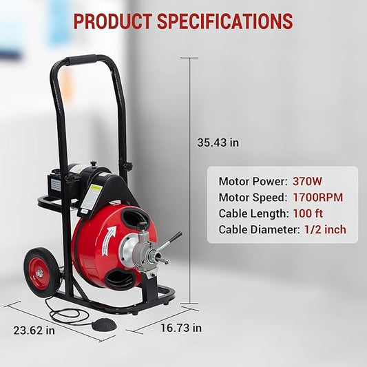 100 FT x 1/2 Drain Cleaner Machine with 370W Motor,Auto Feed Portable Sewer Snake Auger,8 Cutters,Air-activated Foot Switch for 1" to 4" Pipes