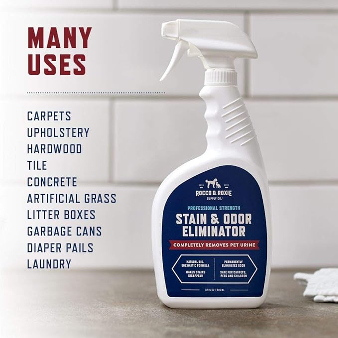 Rocco & Roxie Supply Co. Stain & Strong Odor Eliminator, Enzyme Cleaner, Pet Odor Eliminator for Home - Carpet Stain Remover for Cats & Dog Pee - Urine Destroyer - Carpet Cleaner Spray, 1-Gallon