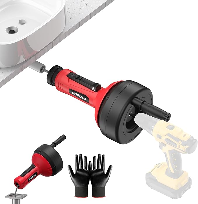 POPULO Auto-Feed 17FT Drain Snake Auger, Plumbing Snake Drain Auger with Drill Adapter, Sink Snake Drain Hair Remover for Kitchen, Bathroom and Shower Sink, PMDA-5