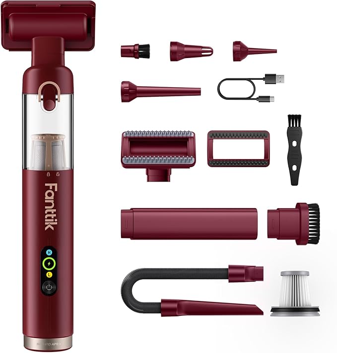 Fanttik Slim V10 APEX Cordless Car Vacuum, 4-in-1 Portable Mini Handheld Vac, 19kPa Suction Power, Upgraded Smart Digital Display, 2 Suction Modes for Small Jobs, Car, Office Desk, Keyboards (Red)