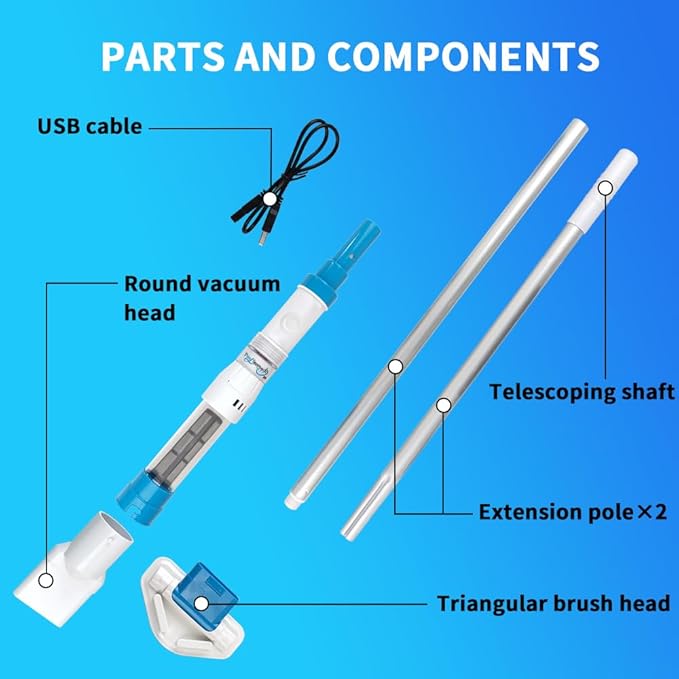 Cordless Handheld Pool Vacuum with 13.2 Gal/Min Powerful Suction, Rechargeable Spa and Hot Tub Vacuum Cleaner, Portable Small Pool Vacuum for Above Ground Pools, Inflatables & Steps, 2 Brush Heads