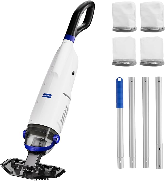 Cordless Handheld Pool Vacuum Cleaner 1110 GPH True Strong Suction 60min Run-time 40µm Ultra Fine Mesh Filter for Leaves Debris,with Aluminum Pole&Angle Head for Hot Tubs,Inground &Above Ground Pools