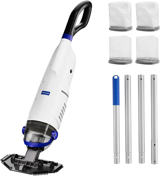 Cordless Handheld Pool Vacuum Cleaner 1110 GPH True Strong Suction 60min Run-time 40µm Ultra Fine Mesh Filter for Leaves Debris,with Aluminum Pole&Angle Head for Hot Tubs,Inground &Above Ground Pools