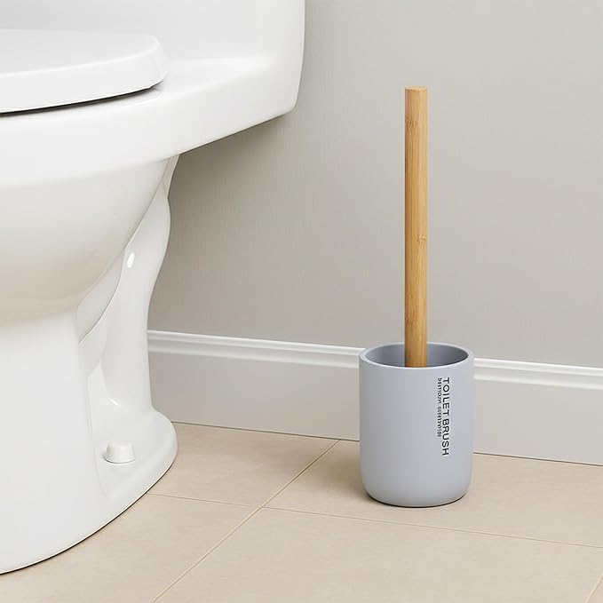 Compact Light Blue Toilet Brush and Holder Set with Natural Bamboo Handle - Durable Toilet Bowl Brush for Deep Bathroom Cleaning