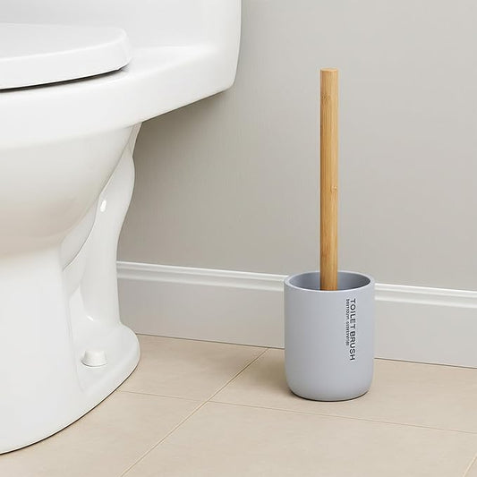Compact Light Blue Toilet Brush and Holder Set with Natural Bamboo Handle - Durable Toilet Bowl Brush for Deep Bathroom Cleaning