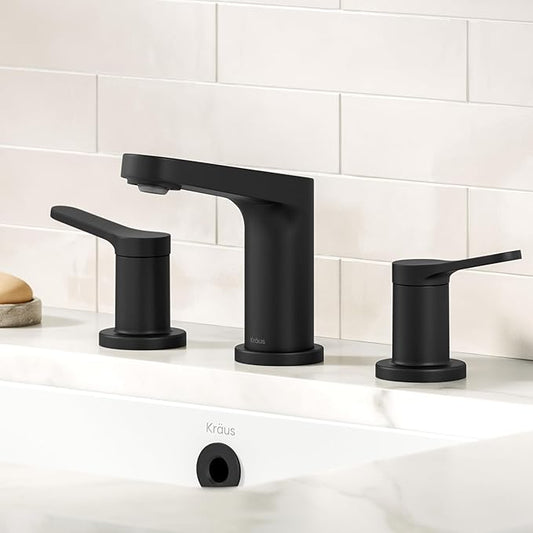 KRAUS Indy Widespread Bathroom Faucet in Matte Black with 2 Handles, Pop Up Drain and Supply Lines, FUS-14103MB