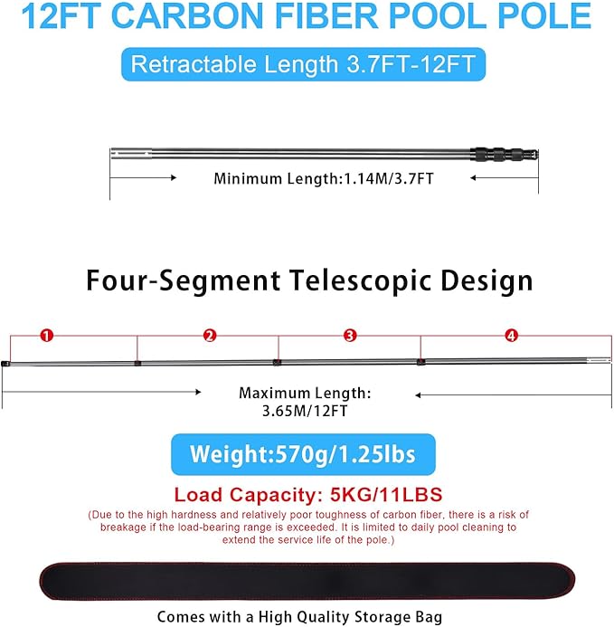 DOBEN Carbon Fiber Pool Pole, Professional Ultralight Pool Poles 3.7 to 12 FT, Telescoping Lightweight Pool Cleaning Pole, Heavy Duty Pool Pole for Skimmer Net, Brush, Vacuum Head 12FT