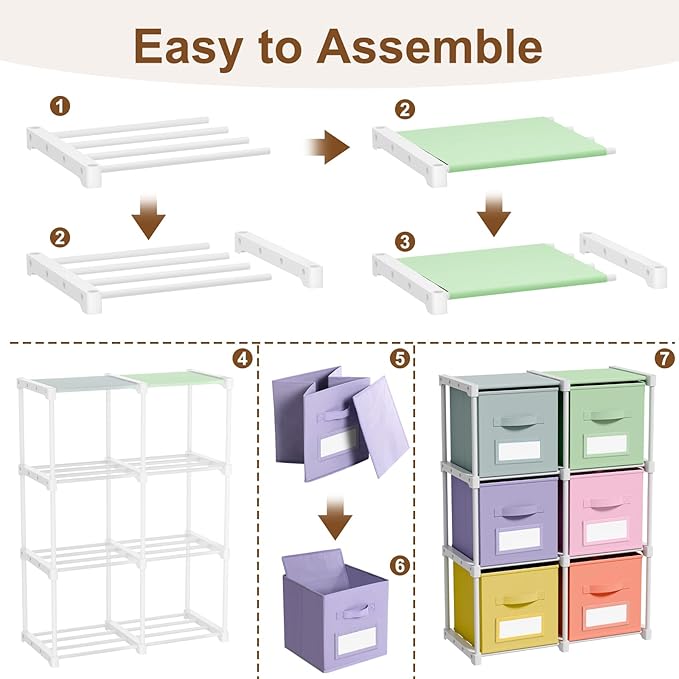Geelin 6 Sets Cube Storage Organizer Bins with Shelf & Labels 11 Inch, Fabric Collapsible Cubby Toys Clothes Storage Drawer Unit for Daycare Nursery Playroom Bedroom Dorm Organizer (Pastel)