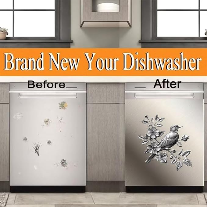 Dishwasher Magnet Cover Sticker,Stainless Steel Style Bird and Flower Pattern Magnetic Refrigerator Panel Decal Magnets Kitchen Decor Sticker Fridge Magnets Panel,23W x 26H inchs
