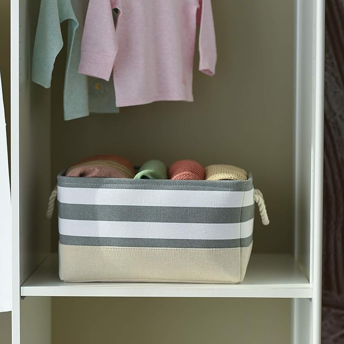 TheWarmHome Storage Basket Fabric Basket with Handles Dog Toy Basket Cloth Storage Bin Shelf Basket Decorative Storage Basket Shoe Basket Gift Basket(Grey&White Stripes-1 Pack,15.7L??11.8W??8.3H)