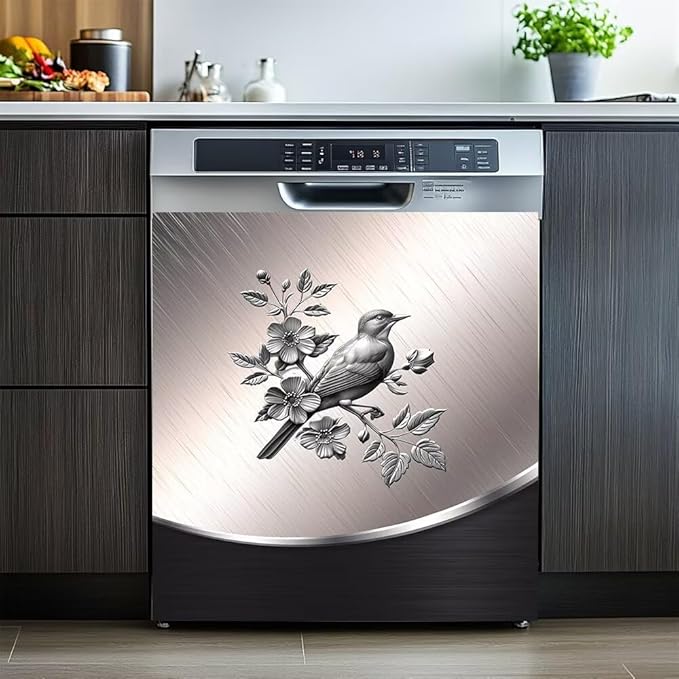 Dishwasher Covers Decorative Magnetic Sticker Sweet Home Fridge Magnetic Sticker,Stainless Steel Design Bird and Flower Pattern Refrigerator Magnets Kitchen Decor Magnetic Panel Decal 23W x 26H inchs