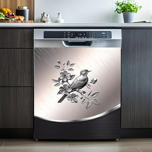 Dishwasher Covers Decorative Magnetic Sticker Sweet Home Fridge Magnetic Sticker,Stainless Steel Design Bird and Flower Pattern Refrigerator Magnets Kitchen Decor Magnetic Panel Decal 23W x 26H inchs