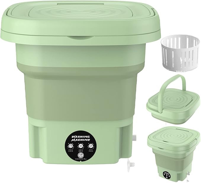 Walbest Mini Portable Washing Machine, 8L Foldable Small Washers Machine for Baby Clothes, Underwear, 2-in-1 Washing Machine & Spin Dry Folding Travel Laundry Tub for Cleaning Sock Small Rags Green U