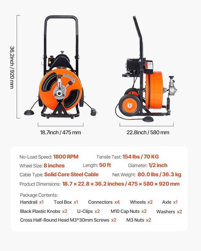 VEVOR Drain Cleaning Machine 50 FT x 1/2 Inch, Sewer Auger Auto Feed with 4 Cutter & Air-activated Foot Switch for 1" to 4" Pipes, Orange, Black