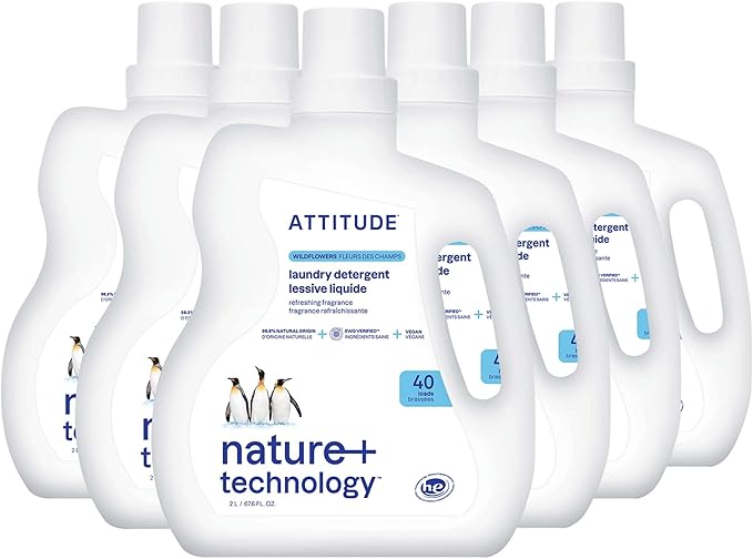 ATTITUDE Liquid Laundry Detergent, EWG Verified Laundry Soap, HE Compatible, Vegan and Plant Based Products, Cruelty-Free, Wildflowers, 40 Loads, 67.6 Fl Oz (Pack of 6)