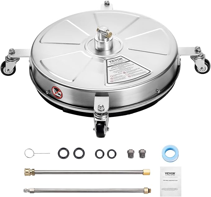 VEVOR 18" Pressure Washer Surface Cleaner, Stainless Steel Pressure Washer Attachments with 4 Wheels, 4000 Max PSI, 1/4 Quick Connector, 2 Spray Nozzles, 2 Extended Wands for Concrete, Patio, Deck
