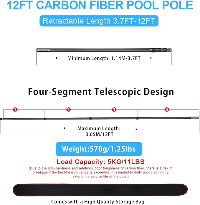 DOBEN Carbon Fiber Pool Pole, 12 Foot Telescoping Swimming Pool Cleaning Pole, Telescopic Pool Poles 3.7 to 12 FT, Professional Poles for Skimmer Net, Brush, Vacuum Head 12FT Black