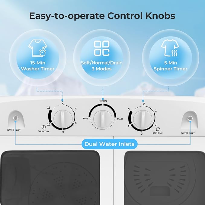 LDAILY Portable Washing Machine, 20lbs Compact Twin Tub Washer and Spinner with Drain Pump and Deep Cleaning, Mini Laundry Washing Spinning Combo for Apartment, RV, Dorm, Camping (White & Grey)