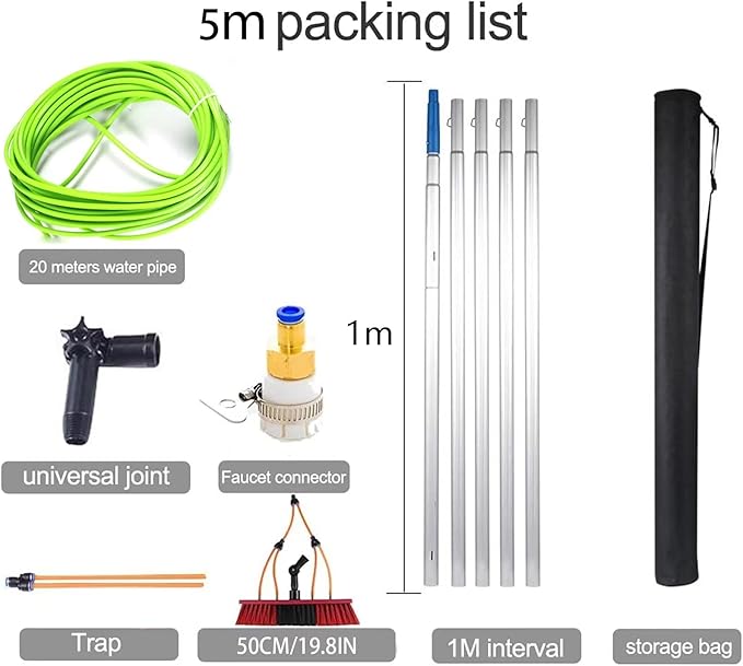 8m/26.5ft Telescopic Water Fed Window Cleaning Pole, Solar Panel Conservatory Roof Cleaner, Extendable Extended Extension Brush Kit(50cm Brush 8m Pole)