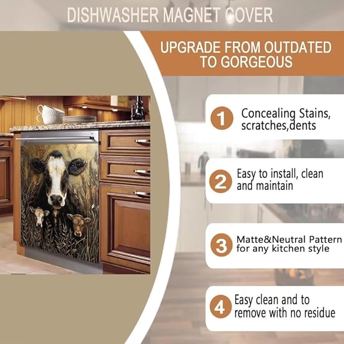 Rustic Farmhouse Cow Kitchen Decor Dishwasher Magnet Cover Decal, Wheat Field Magnetic Dish Washer Panel Door Vinyl Sticker, Refrigerator Magnets,Easy to Clean, 23 x 26 inch