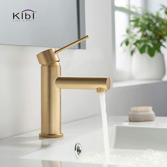 KIBI KBF1010 Solid Brass Single Handle Single Hole Circular X Faucet for Bathroom Sink with Pop Up Drain | High Arc Faucet Spout | Brushed Gold | Corrosion and Rust Resistant