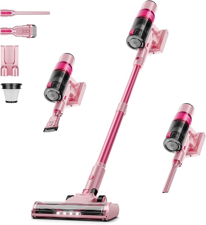 Cordless Vacuum Cleaner: Portable 6-in-1 Stick Vacuum with Anti-Tangle Brush, LED Headlight, Self-Standing, HD Display, Rechargeable Vacuum for Pet Hair, Low-Pile Carpet and Hardwood Floor-Dark Pink