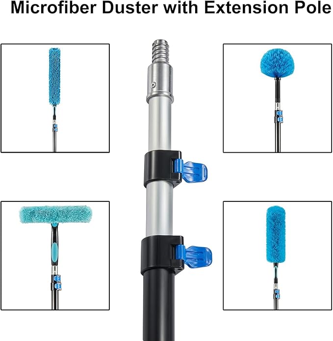 15 Foot High Ceiling Fan Duster with 5-8ft Extension Pole, Extendable Reusable Cobweb, Feather, Window Cleaning Squeegee Kit