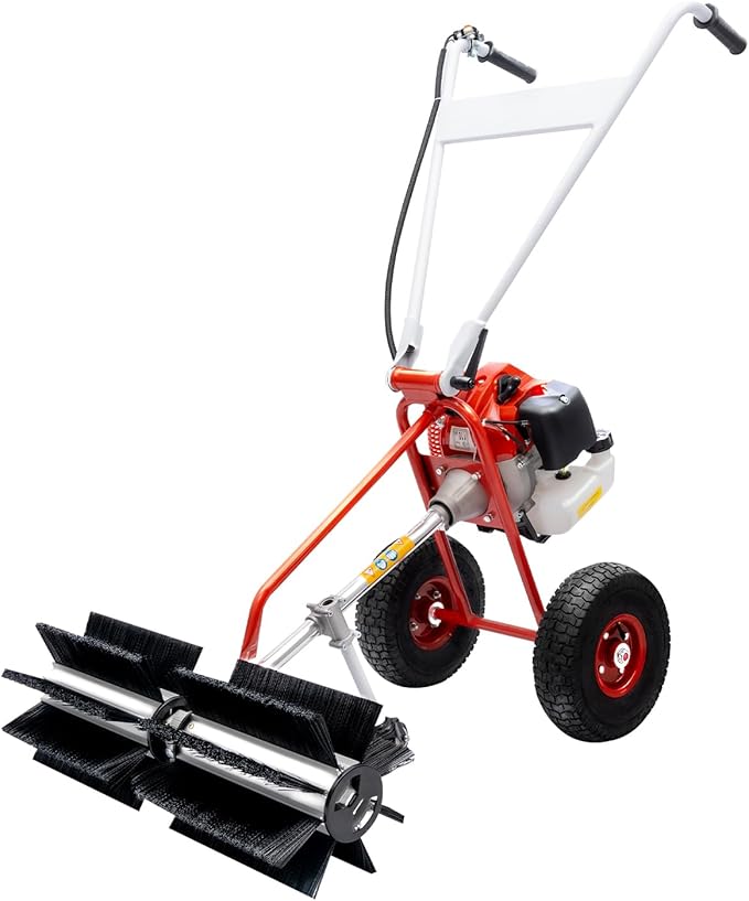 43CC Gas Powered Sweeper, Handheld Power Broom Sweeper Walk Behind Push Lawn Sweeper Driveway Walkway Cleaning Driveway Machine Portable Artificial Grass Brush Power Broom