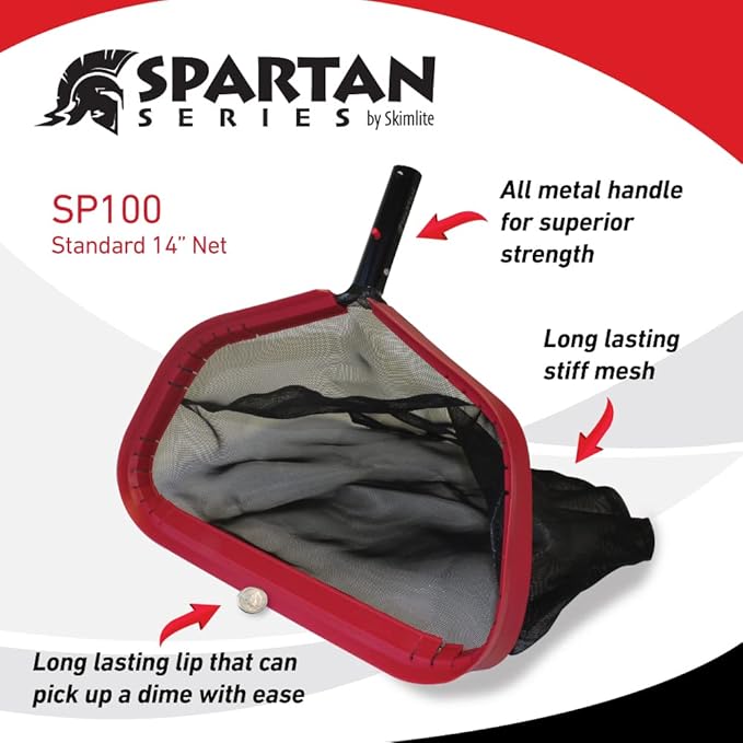 SKIMLITE MANUFACTURING SP100 Leaf Skimmer Net for Cleaning Pools 14" Heavy Duty Fine Mesh Rake Cleaner Tool Reinforced Frame & Metal Handle Debris Removal for Inground Hot Tub Spa, Fits All Pool Poles