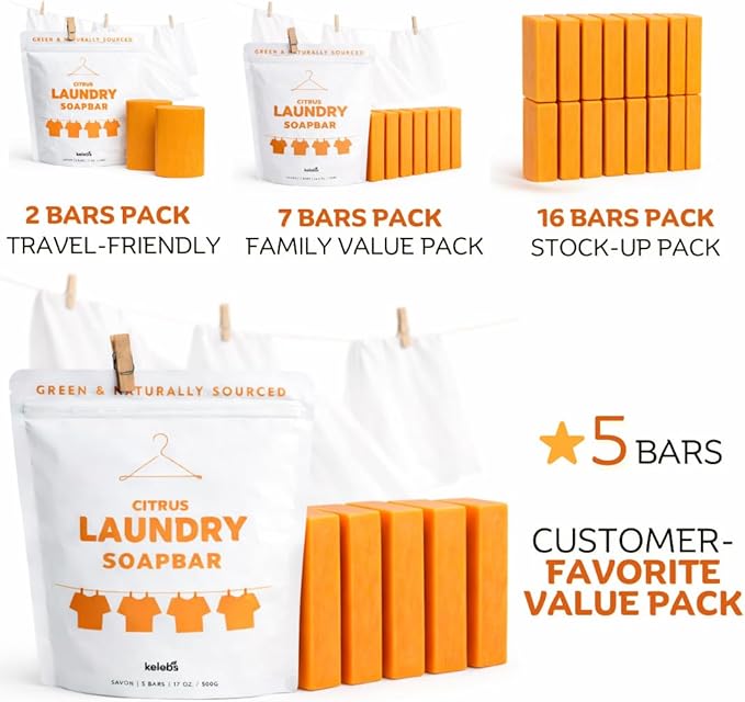 KELEBS Laundry Soap Bar – Family Pack (16 Bars) – Natural Citrus Formula with Organic Ingredients – Stain Remover for Delicate Clothes, Underwear, Collars