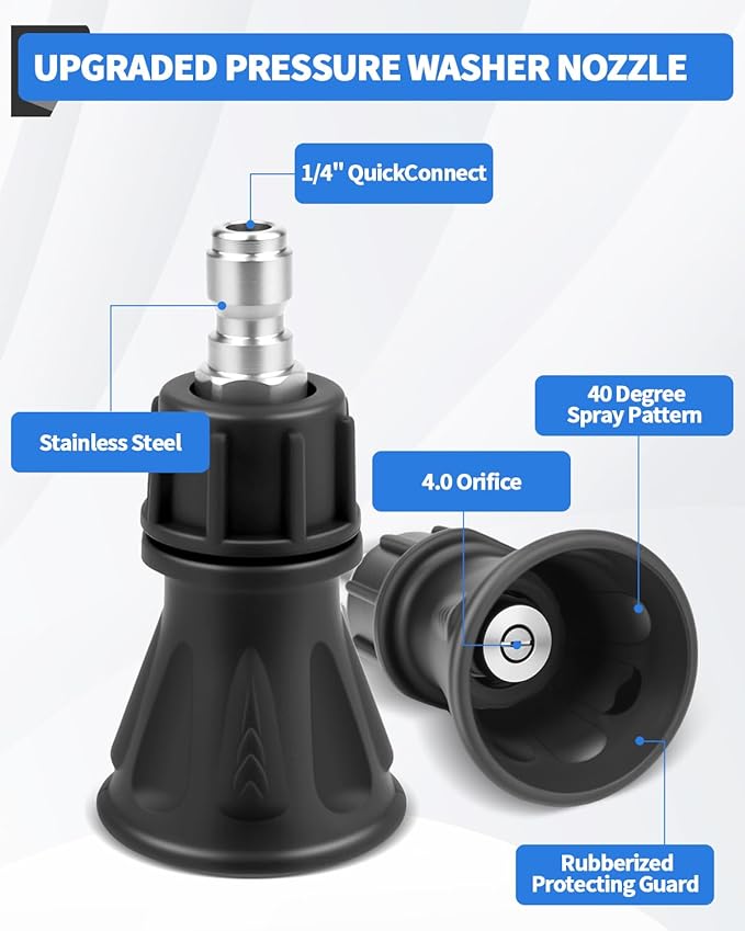 40 Degree Pressure Washer Nozzle - Stainless Steel, Pressure Washer Nozzles Guard, 1/4" Quick Connect, High-Efficiency Pressure Washer Nozzle Tips with Rubber Guard (4.0 Orifice)
