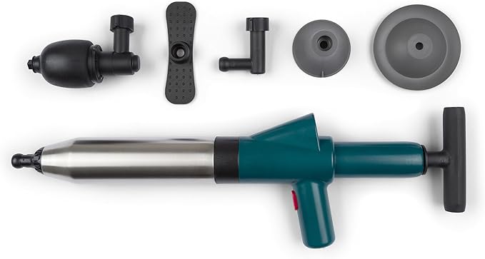 Professional Drain Blaster Gun, High Pressure Air Pump Plunger with Multiple Attachments for Toilet, Sink, Bathroom, Kitchen Clogs, Stainless Steel and Plastic Construction (Green)