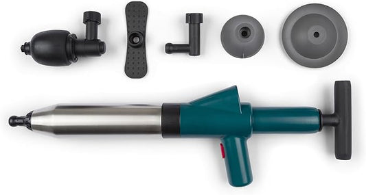 Professional Drain Blaster Gun, High Pressure Air Pump Plunger with Multiple Attachments for Toilet, Sink, Bathroom, Kitchen Clogs, Stainless Steel and Plastic Construction (Green)